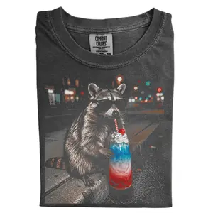 Vintage Raccoon Drinking Patriotic Cocktail Tee, Funny Raccoon Graphic Tee, Cool Trash Panda Shirt, American Flag Drink Tee, USA Party T-Shirt, Fourth of July Shirt, Retro Animal Graphic Tee, Gift for Men, Gift for Women