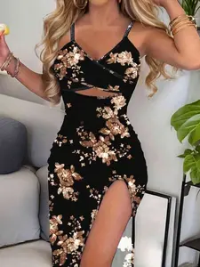 Breezaya Printed Asymmetrical Hem High Side Split Spaghetti Strap Cross Back Bodycon Dress For Spring/Summer Maxi Women Outfit