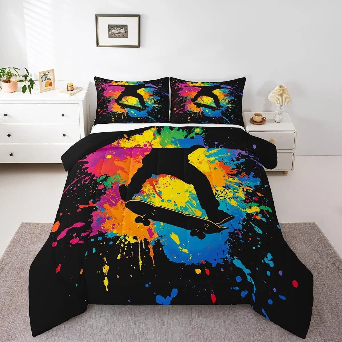 Skateboard Comforter Set - & Hip Hop Style Quilted Duvet,Colorful Rainbow Tie-Dye Decor,Abstract Graffiti Art Bedding & Youth