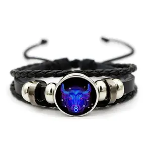 12 Constellation Multi-Layer Black Leather Wrap Bracelet, Adjustable Unisex Daily Jewelry, Minimal Pattern Wrist Accessory, Ideal Gift for Partners & Anniversary Celebration