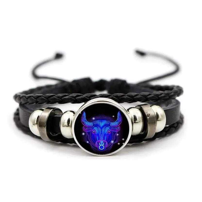 12 Constellation Multi-Layer Black Leather Wrap Bracelet, Adjustable Unisex Daily Jewelry, Minimal Pattern Wrist Accessory, Ideal Gift for Partners & Anniversary Celebration