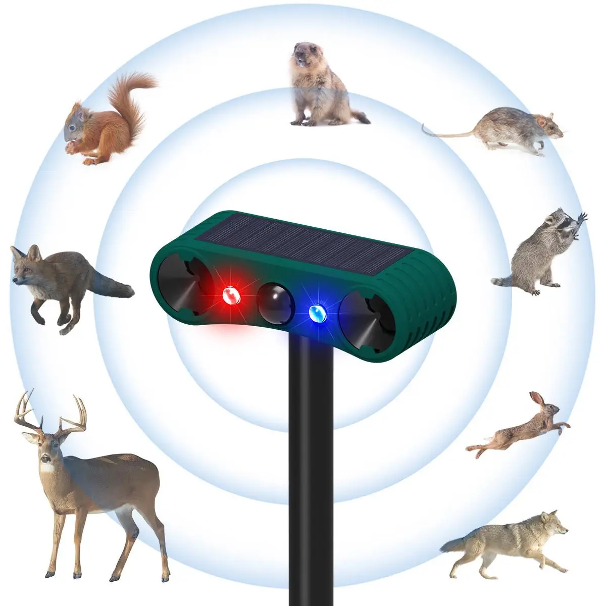 Ultrasonic Solar Animal Infrared Induction Alarm, Outdoor Animal Repellent Device with Red & Blue Flashing Light, Security Alarm for Courtyards, Farms