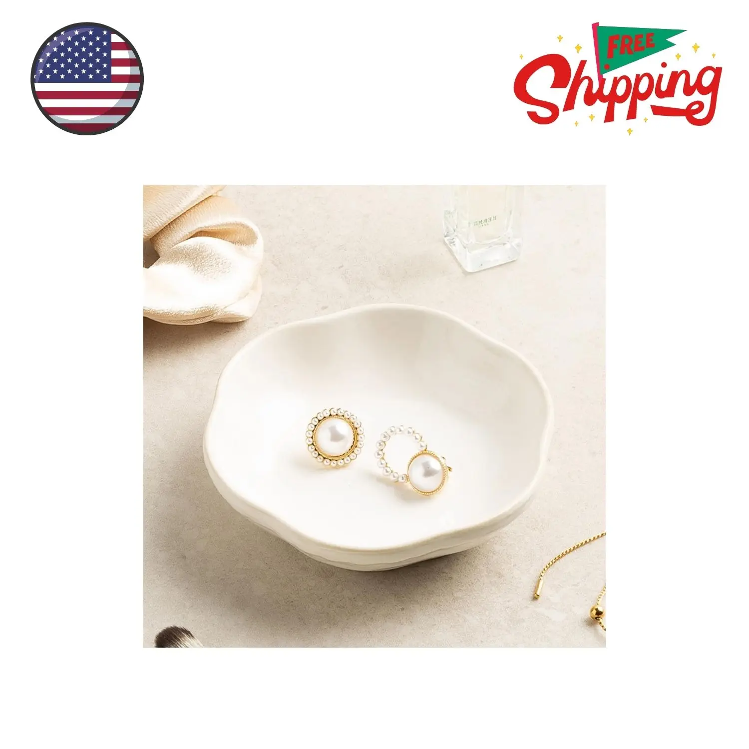 Ceramic Jewelry Tray Ring Holder Dish Floral Trinket Bowl white