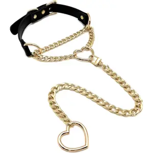 Heart O-Ring Slip Chain Choker Collar Necklace for Women, Adjustable Vegan Leather Punk Necklace with Swivel Clasp & Heart Charm