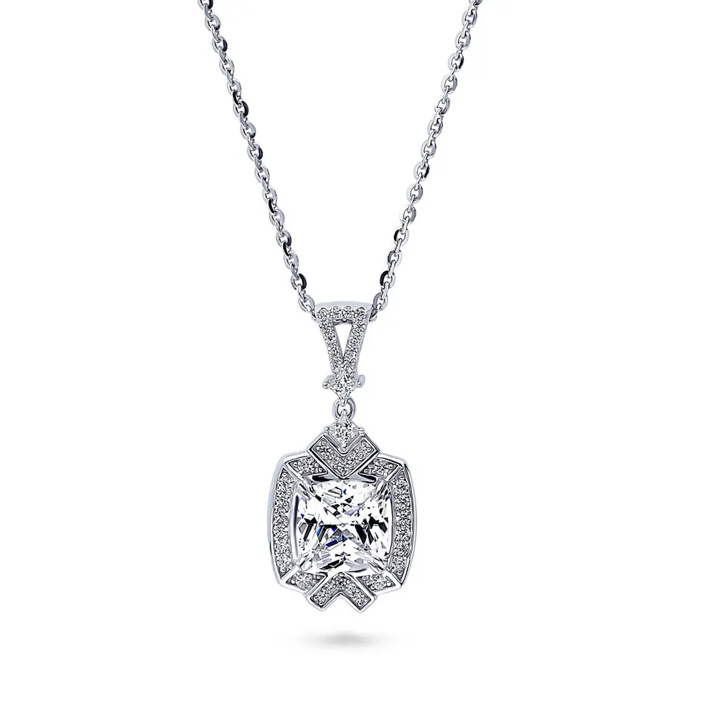 BERRICLE Sterling Silver Arrow Halo Art Deco Pendant Necklace for Women, Cubic Zirconia CZ 18 inch