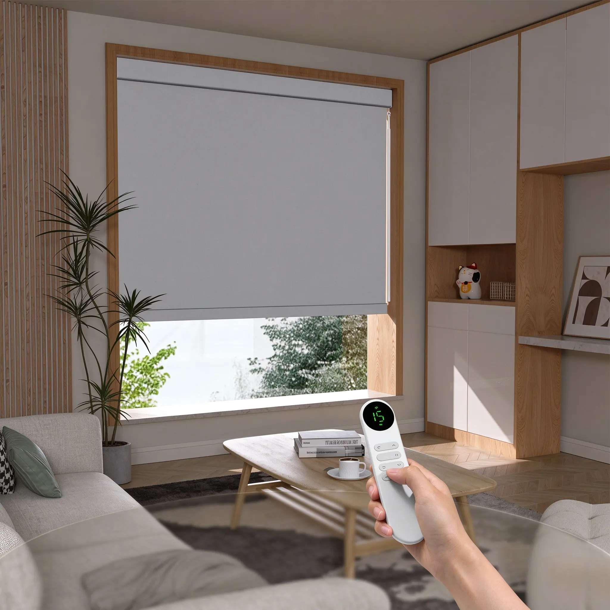 Pocageum Blackout motorized roller shades with pull rod, dual control via remote & pull rod, cordless custom-size electric window blinds, 38 mm tube shades in white & beige fabric for bedroom & living room, made to order W 21"-60" x H 72"
