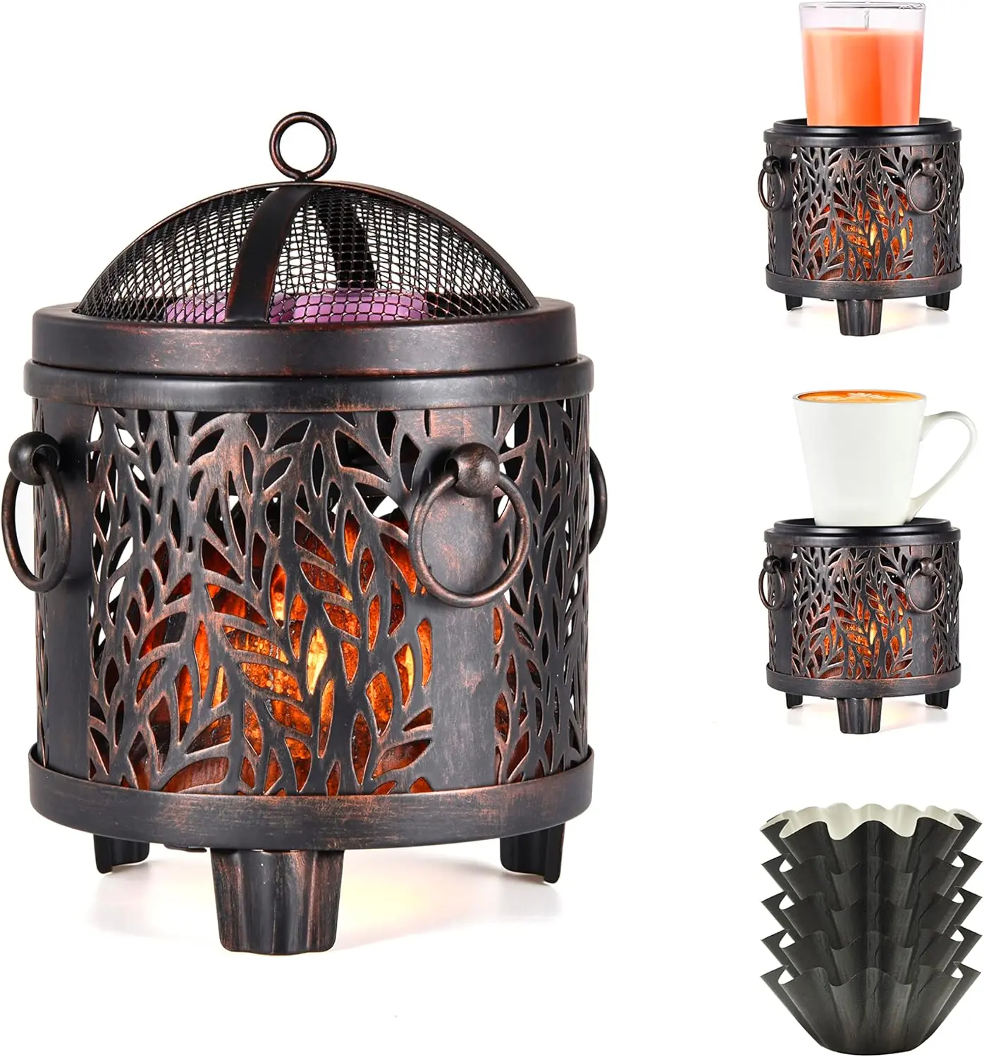4-in-1 Country Look Multi-Function Corded Metal Body Wax Warmer - LED Lights, Energy Saving Electric Wax Heater, Room Scented Aroma Oil Burner, Home Fragrance Decor, Gift Choice (Leaves Design)