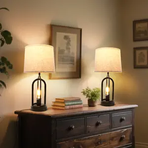 FLOWGO Bedside Lamps For Bedroom, Table Lamps Set Of 2 with USB Ports, Side Table Lamp For Living Room, Nightstand Lamp Lamp With Button Control, Rustic Fabric Shade, Unique Base Design for Bedroom, Living Room, Reading, Desk