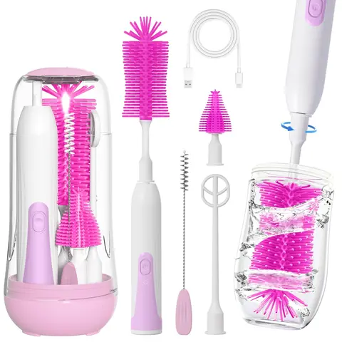 Electric Baby Bottle Brush Set - 2 Modes, 360° Rotation, Waterproof, Compact, UV Light, Fragrance-Free Non-Toxic Skin-Friendly Silicone Bottle Washer, Fits Tippee, Dr Brown Sippy Cups, Ideal for Infants, Nursing Gifts