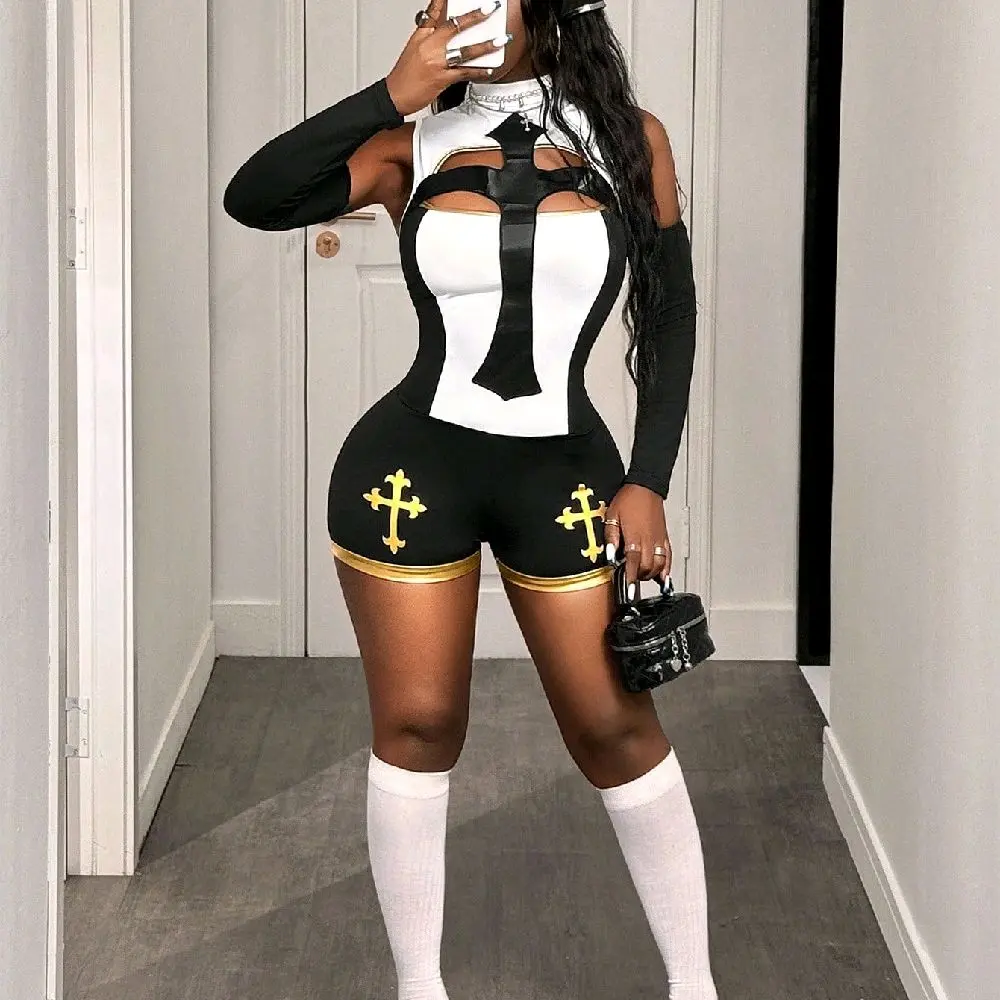 Women’s Gothic Cross Cutout Jumpsuit with Detachable Arm Sleeves Cosplay Costume Outfit