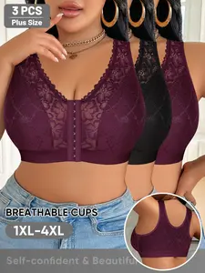 Women's Plus Size Front Buckle Bra Set, Wireless Backless Design, Casual Sleepwear, Medium Support, All Seasons Wear