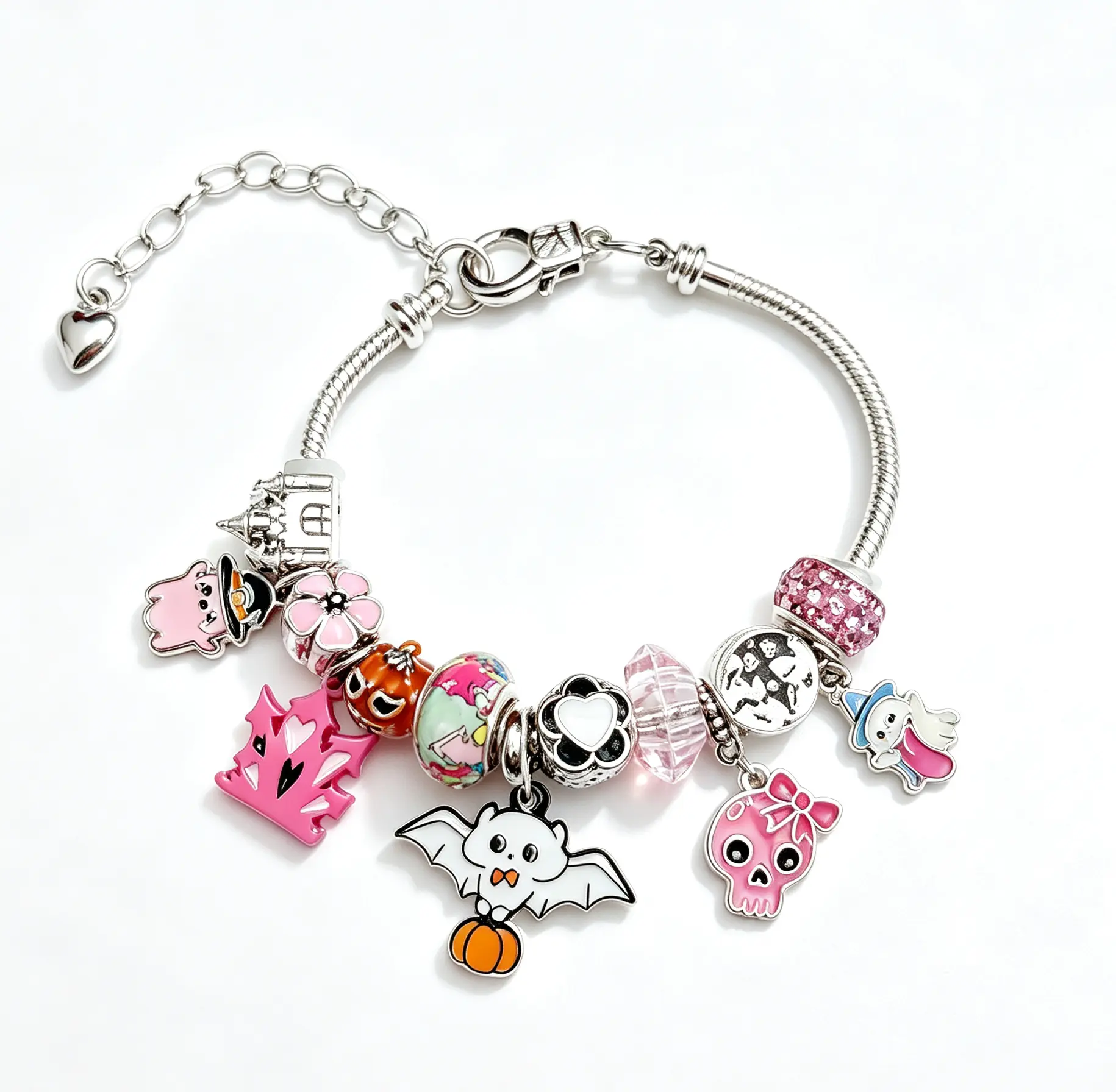 Halloween Pink Ghost Charm Bracelet, Silver-Tone Adjustable Snake Chain Bracelet with Pumpkin Bat Skull Dangle Charms, Cute Halloween Jewelry Gift for Women Girls