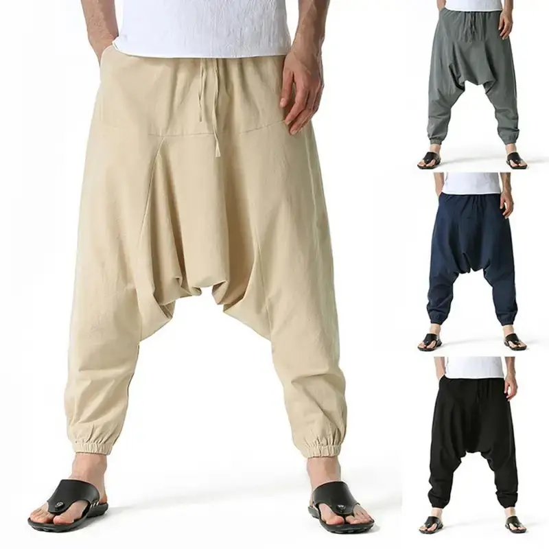 Men's Baggy Cut Harem Pants, Cotton Linen Joggers with a Drawstring Tie for Casual Hiking and Travel, Menswear, Loose Fit