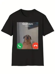 Casual Short-Sleeve Humorous Dog Face Graphic T-Shirt, Featuring Gustavo Calling Text, Ideal for Animal Lovers (Sports & Outdoor Sports Top)