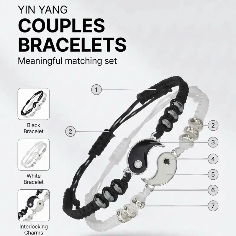 Yin Yang Couple Friendship Bracelets Knit Handmade Tai Chi Charm Adjustable Rope Unisex Design One Size Fits All Perfect for Gifts