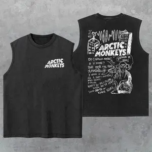 Retro Arcticc Monkeys Inspired Washed Tank Top, Gym Essential, Vintage Casual Crewneck Short Sleeves Menswear T-shirt Classic Cotton Fabric Streetwear