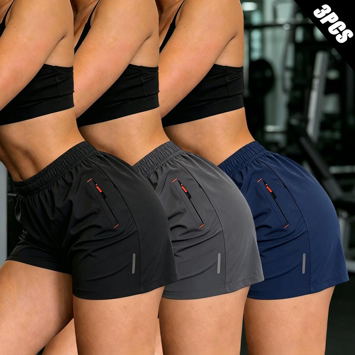 Women's 3-Pack High-Waisted Athletic Shorts, Loose-Fit Lightweight Polyester for Running Workouts with Zip Pockets and Drawstring, Drawstring Active Shorts, Fitness Workout Shorts