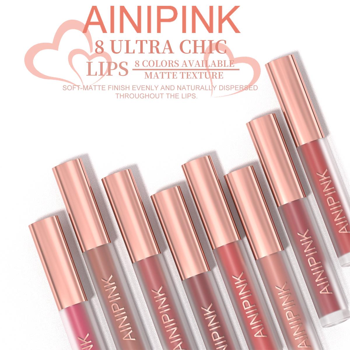 AINIPINK 8-Piece Long-Wearing Matte Velvet Lip Makeup Set, Waterproof & Smudge-Proof, Long-Lasting Cosmetics for Women