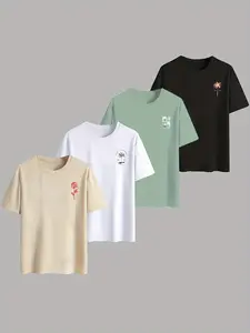 Multicolor Short Sleeve T-Shirt, Menswear, Embroidered Tropical Graphic Print (rose/coconut Tree/national Style), Casual Loose Fit, Summer Fashion