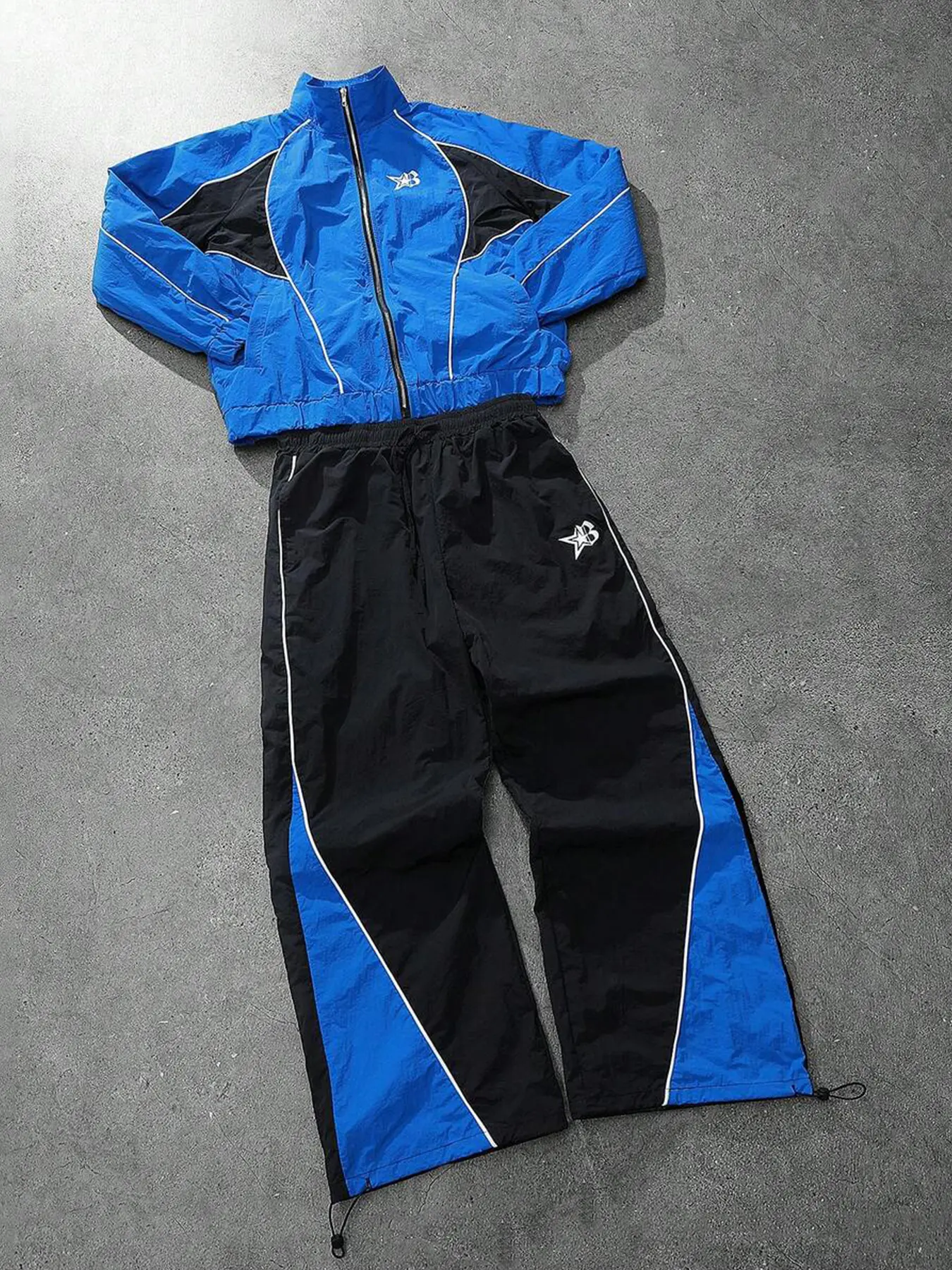 Men's Casual Full Zip Hoodie Jacket Set, Blue Colorblock Fabric, Lightweight Smooth, Drawstring Pants, Fashion Sportswear, Athletic Activewear Tracksuits