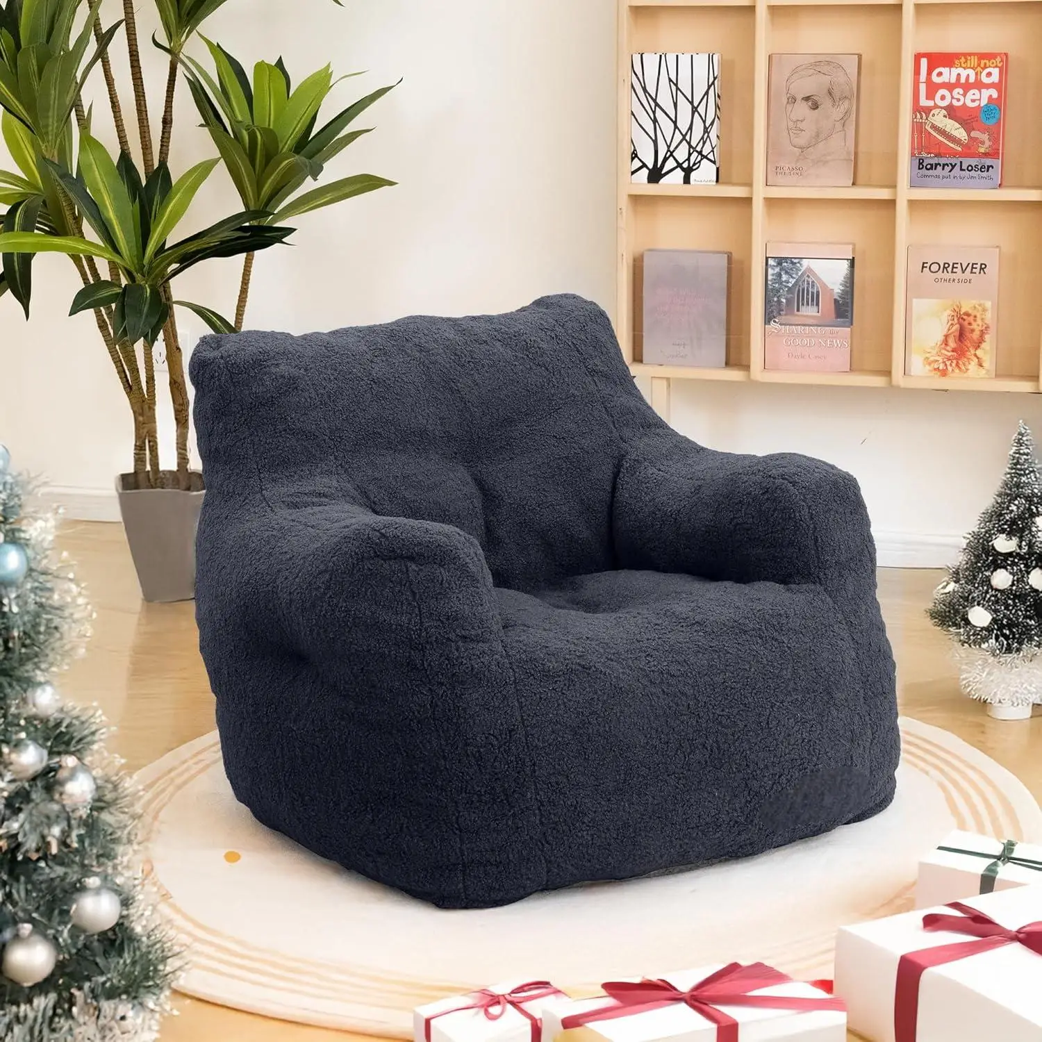 Cozy Bean Bag Chair - Soft Teddy Fabric Tufted with Shredded Foam Filled- Fully Assembled Lounger Sofa for Living Room or Gaming Couch