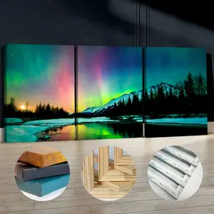 3Pcs Wooden Framed Canvas Painting, Northern Lights Over Snowy Mountains And Forest River, Exquisite Poster, Home Decoration, Pattern Wall Art Decor, For Living Room, Bedroom, Office, Restaurant, Bar Wall Decor, Odorless, Painting, Print Artwo