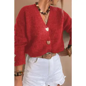 Fiery Red Heart Metal Button V Neck Cardigan Sweater