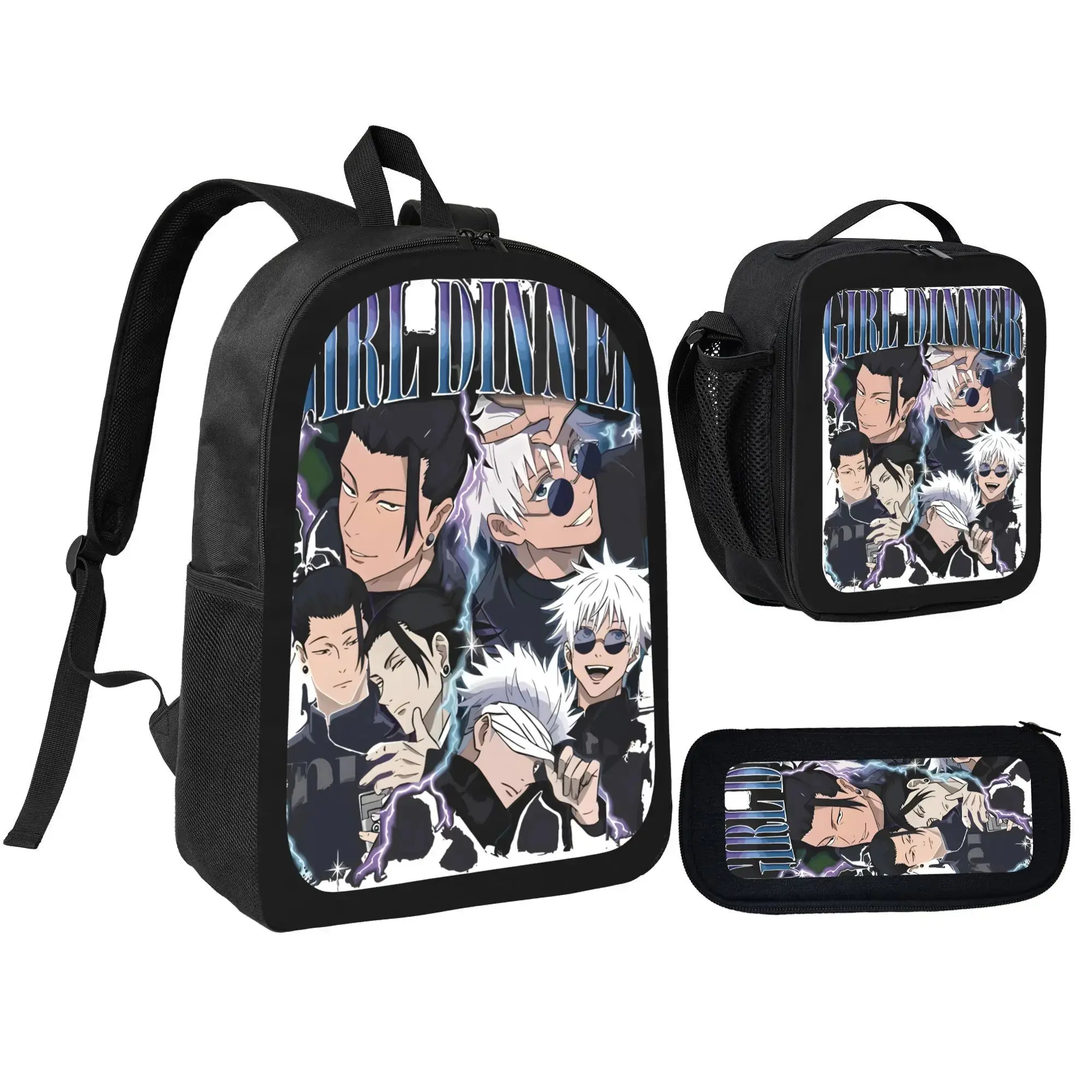 Satoru Gojo Anime Backpack Set, 3-Piece 600D Oxford Unisex School Bags for 15-Inch Laptops with Insulated Lunch Bag & Pencil Case, Anime Theme, Set Pack