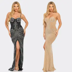 Crystal Corset Gown – Rhinestone Embellished Evening Dress With High Slit