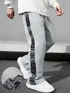 Men’s drawstring wide-leg sweatpants with fruit-of-the-loom patchwork, light gray vintage street-style casual pants