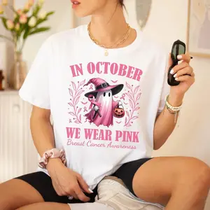 [100% Cotton] In October We Wear Pink Ghost Shirt, Halloween in October We Wear Pink, Breast Cancer Awareness Shirt, Pink Ribbon Shirt  Golf Gift T-Shirt For Men and Women