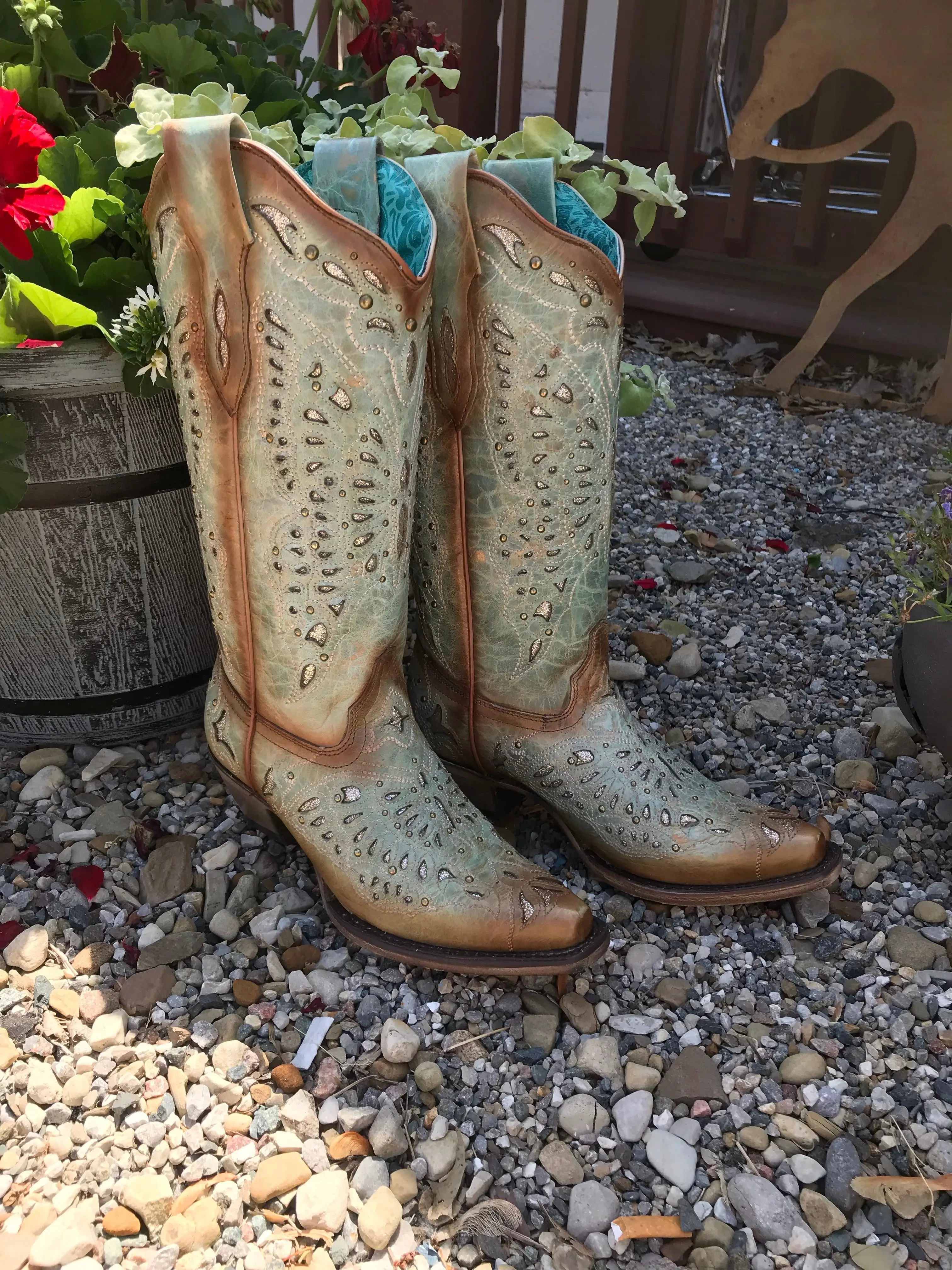 Corral Women's Turquoise/Green Butterfly Inlay Snip Toe Cowgirl Boots A4234