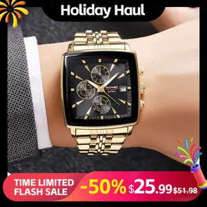 SKMEI Large Square Dial Watch 30m Water Resistance Stainless Steel Gold Band Time Date Stopwatch Functions Elegant Chic Design Modern Fashionable Wristwatch