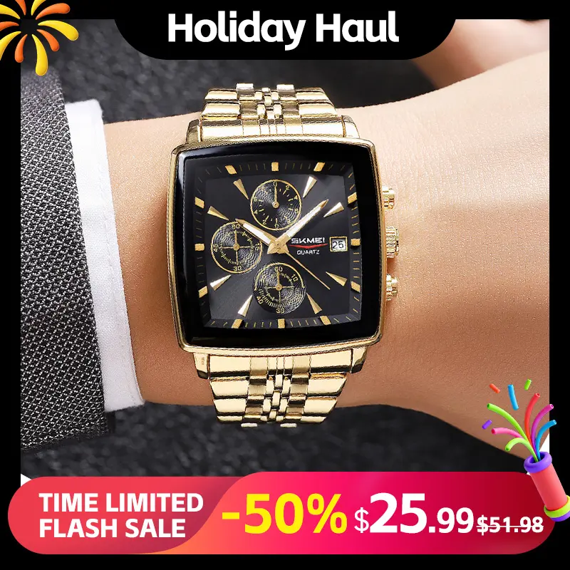 SKMEI Men's Multifunctional Square Quartz Watch - 30m Water Resistant, Exquisite Stainless Steel Gold Band, Time Date Stopwatch, Modern Fashionable Elegant Wristwatch, Exquisite Band Watch, Modern Fashionable Wristwatch, Fashionable Waterproof Watch