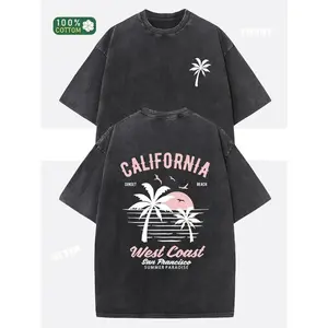 Heavy Washed Cotton California Vintage Surfing Oversized Unisex Short Sleeve Beachwear with Palm Tree and Surfboard Print, Pink and White Vintage Design, Loose Casual Summer Clothing, Suitable for Men and Women, Machine Washable