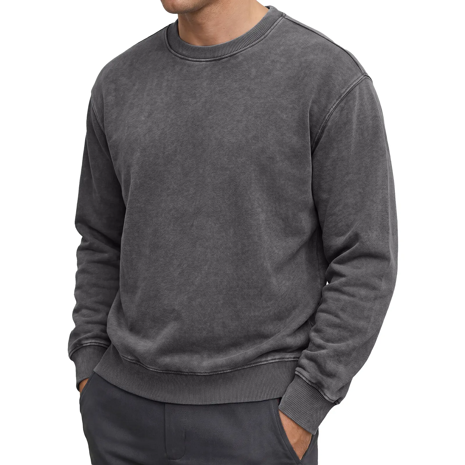 JMIERR Men's Acid Wash Cotton Vintage Relaxed Fit Crewneck Sweatshirt | Ribbed Collar Cuffs, Long Sleeve Windproof Pullover, Drop Shoulder Streetwear, Retro Wash Casual Top, Fall Winter Outfit