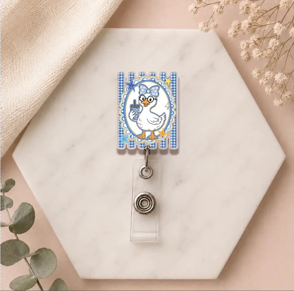 Silly Goose Back To School Badge Reel, Cute Duck Acrylic ID Badge Holder, Retractable Name Tag Clip, Teacher Office Supply, Student Gift, Blue Coquette Design