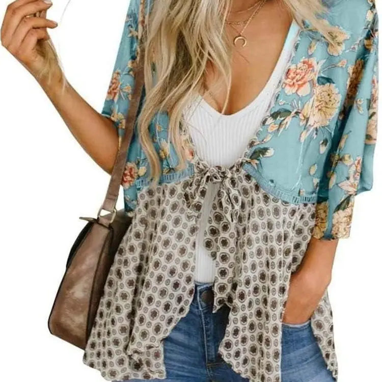 IDEALSANXUN Women's Boho Floral Patchwork Cardigan Top - 3/4 Sleeve, Tie Front, Loose Flowy, Beach Coverups, Casual Cover Up, Swimwear Coverups for Spring Summer Cottagecore Chambray Shirt with Trim