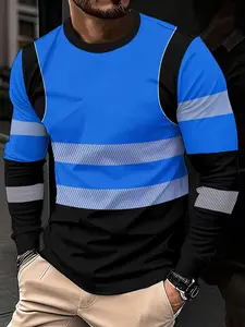 Men's Fashion Simple 3D Geometric Striped Print Round Neck Long Sleeve Fitted T-Shirt, Comfortable Breathable Stylish Versatile Streetwear, Casual All Seasons Top