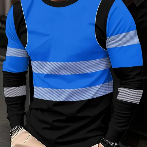 Men's Fashion Simple 3D Geometric Striped Print Round Neck Long Sleeve Fitted T-Shirt, Best Fit Design, Comfortable Breathable Fabric Stylish Versatile Streetwear, Casual All Seasons Top Menswear