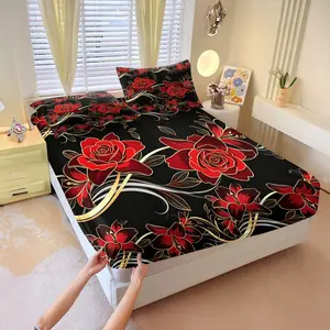 3Pcs Dark Premium Floral Fitted Sheet Set, HD Vivid Long-Lasting Digital Print. Reinforced Durable Edges. Easy To Maintain for Student Dorm and Rental Room Mattress Protection.