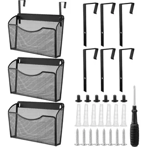 3 count Mesh Letter Wall File Folder Cubicle File Holder Hanging Wall Mounted File Holder 3 Pocket Vertical File Organizer for Office Home Room Storage Basket(13.19 x 12.2 x 3.07 Inch,Black)