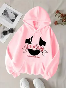 Women's Letter Print Drop Shoulder Hoodie, Drawstring Graphic Hoodie, Fashion Casual Drawstring Kangaroo Pocket Hooded Sweatshirt for Daily Holiday Outdoor Wear, Ladies Clothes for All Seasons