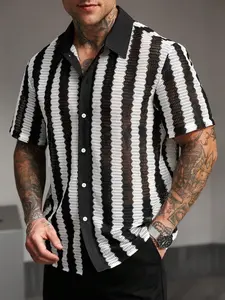 Men's Lace Mesh Hollow Out Striped Patchwork Shirt, Fitted Long Sleeve Blouse, Street Style, All Seasons, Casual Trendy Shirt, Casual Fashion, Casual Clothes