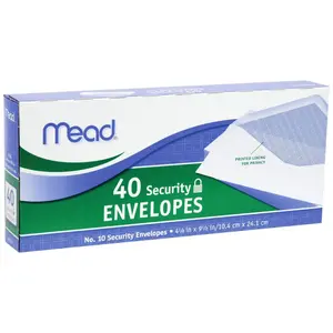 Mead #10 Envelopes, Security Printed Lining for Privacy, Gummed Closure, All-Purpose 20-Ib Paper, 4-1/8" x 9-1/2", White, 40 Letter Size Envelopes per Box (75214)