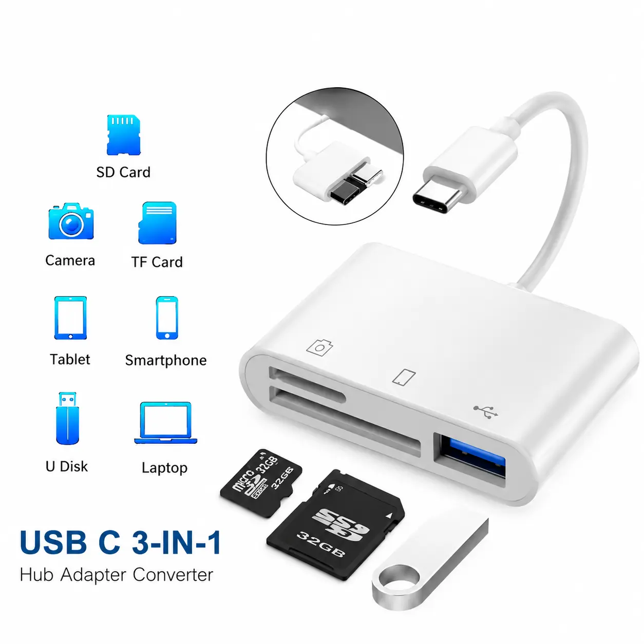 USB C 3 in 1 Hub Adapter Type C SD TF Card Reader USB OTG Converter for Laptop Tablet Smartphone