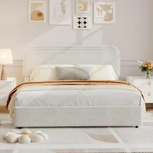 Boucle Bed Frame,Upholstered Full Platform Bed with 4 Under-Bed Drawers, Beige Boucle Fabric Bed Frame,Easy 30-Minute Assembly, No Noise, No Box Spring Needed