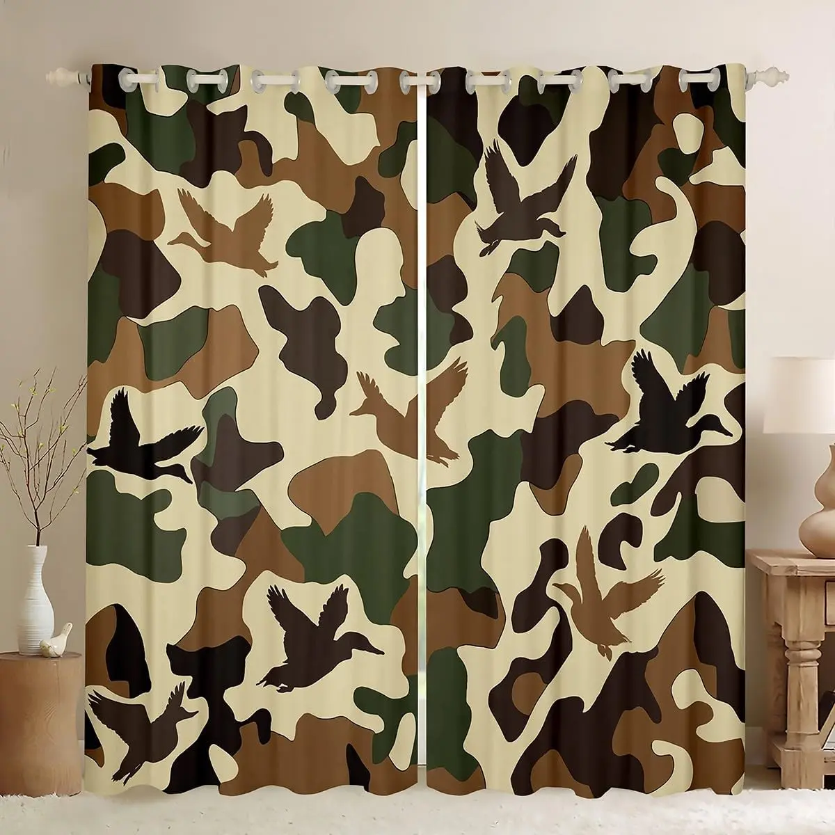 Feelyou Duck Hunter Camouflage Print Velvet Easy Install Privacy Grommet Darkening Curtains, 2-Panel Multi-Size Vintage Green Brown Rustic Army-Style Home Decoration Drapes for Bedroom, Easy Install Curtain, Home Decoration Curtain