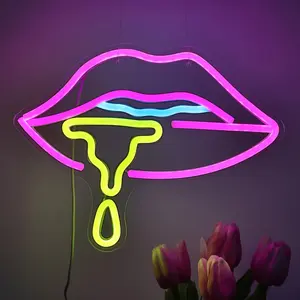 1pc Glowing Dripping Lips Neon Sign with Pink Mouth & Yellow Drip - Wall-Mounted LED Lips Light for Bar, Bedroom, Salon, Game Room  Drip Lips for home Party Decor Led Neon Lights