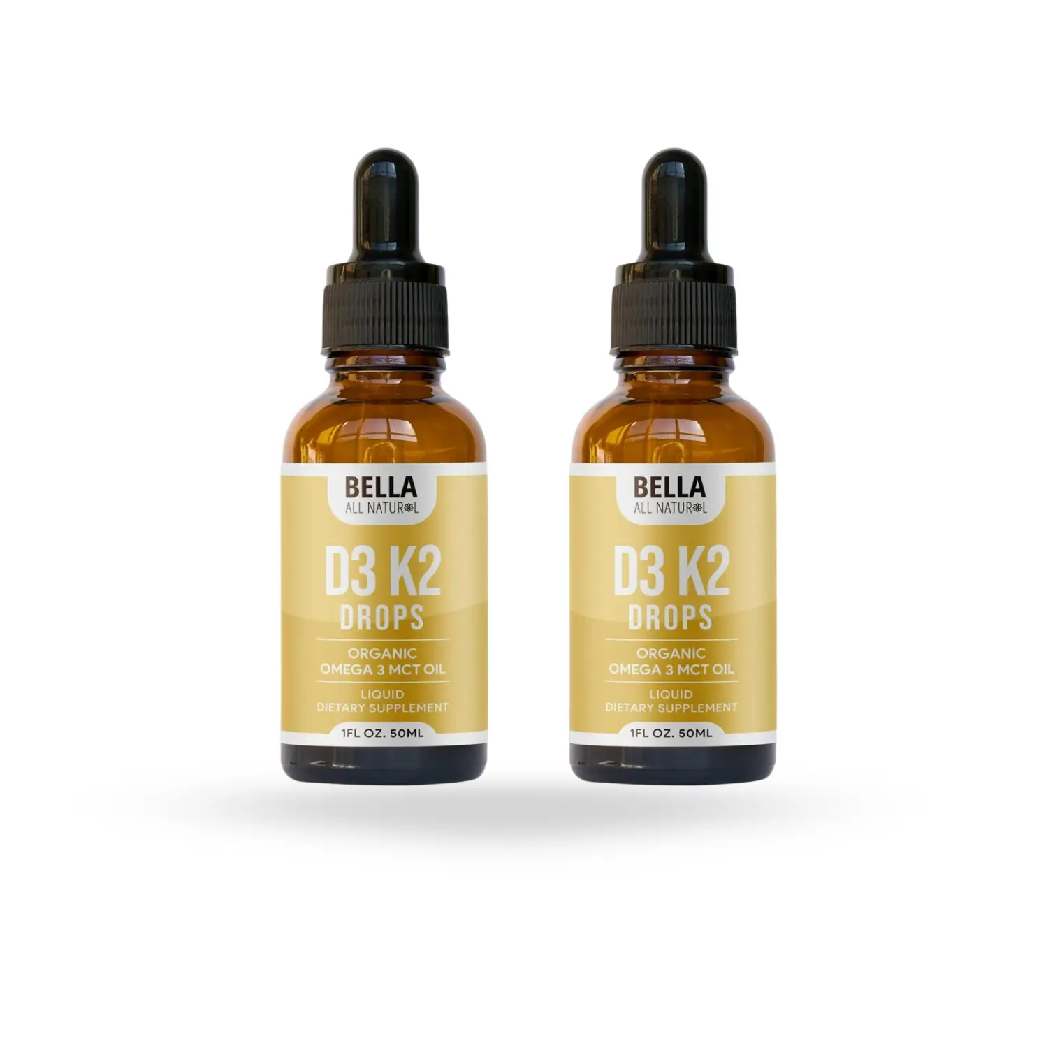 2 Pack Bella All Natural D3 K2 Drops Organic Omega 3 MCT Oil 50ml Supplement for Daily Health Needs